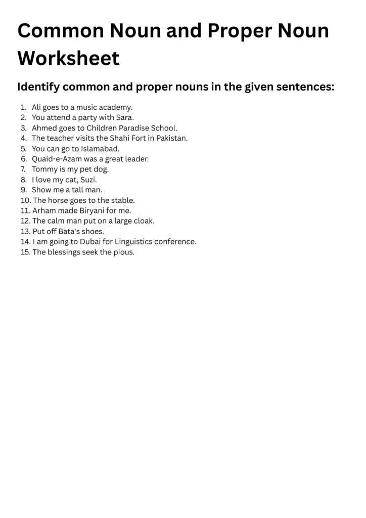 Common Noun and Proper Noun Worksheet