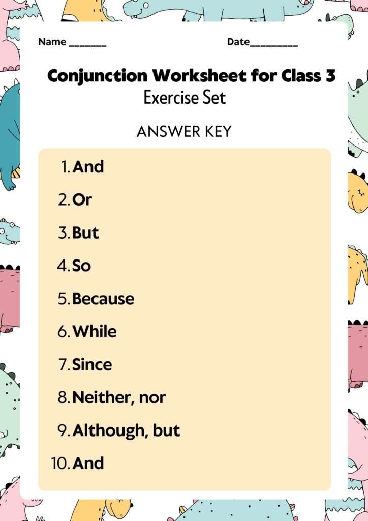 Conjunction Worksheet for Class 3 Answers